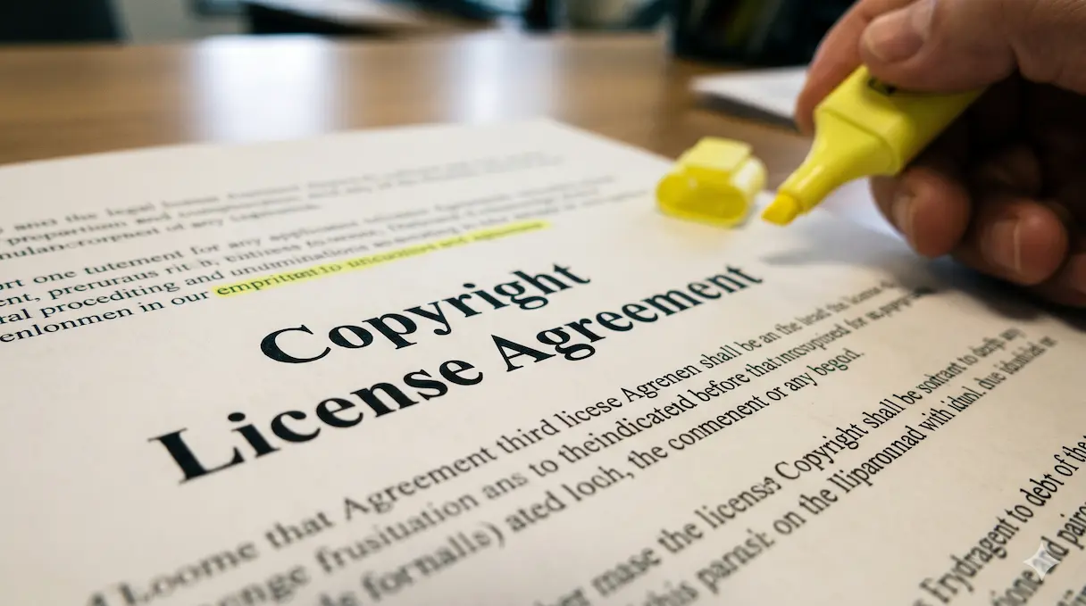 Document juridique imprimé détaillant un accord de licence d'image et les règles de copyright.
