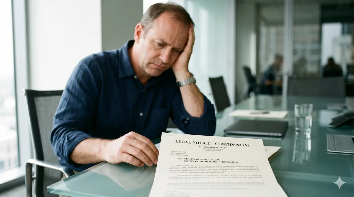 Chef d'entreprise lisant avec inquiétude une lettre de mise en demeure pour violation de droits d'auteur.