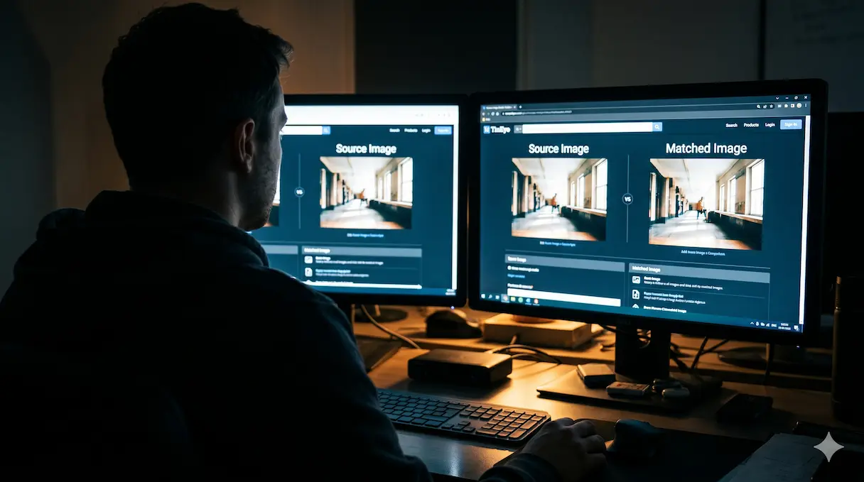 Webmaster utilisant un logiciel de recherche d'image inversée sur un double écran pour tracer la source originelle d'une photo.