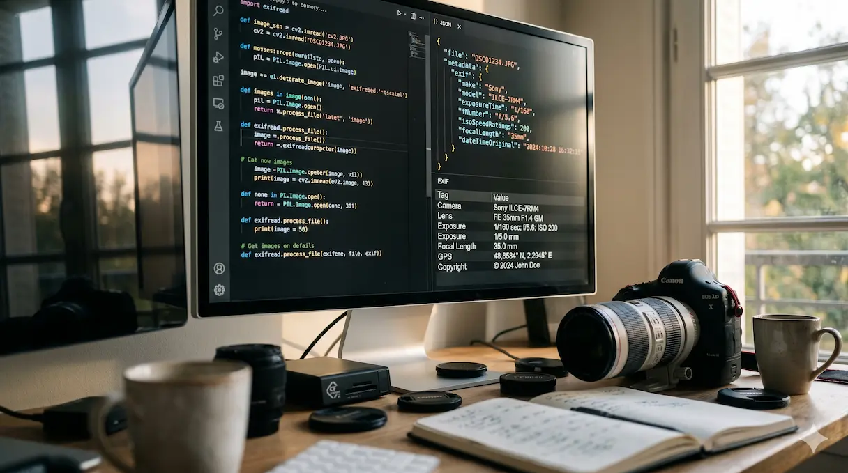 Écran d'ordinateur affichant l'analyse des métadonnées EXIF pour vérifier les droits d'auteur d'une photographie.