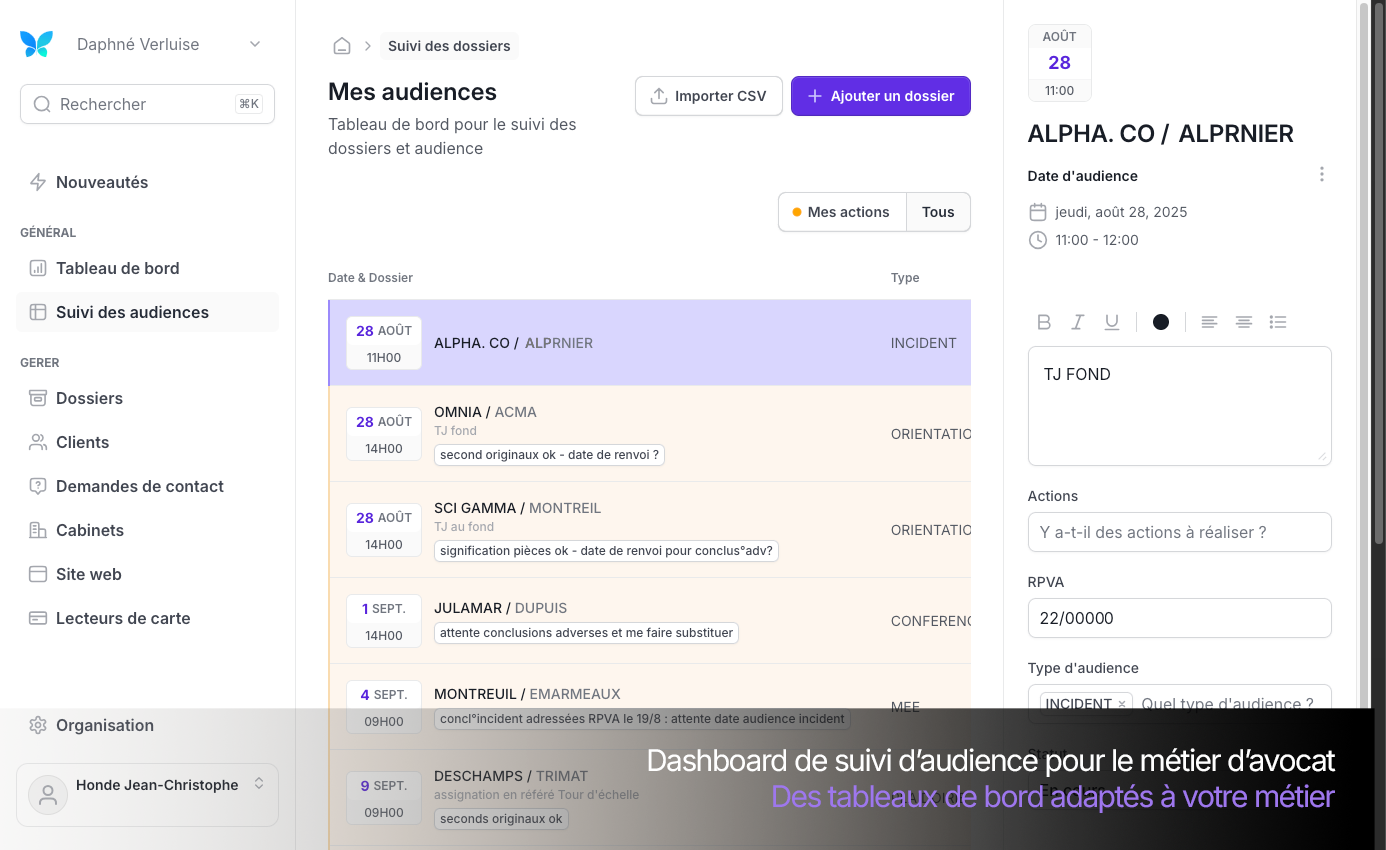 Dashboard de gestion metier - ici pour les avocats